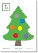 Ćwiczenie z zestawu Bombki – liczę do 10 z cyfrą 6 na karcie i sześcioma bombkami ułożonymi na choince