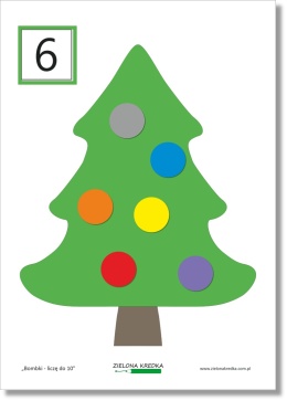 Ćwiczenie z zestawu Bombki – liczę do 10 z cyfrą 6 na karcie i sześcioma bombkami ułożonymi na choince