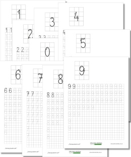 Karty pracy do nauki pisania cyfr 0–9 w powiększonej kratce z ćwiczeniami po śladzie i miejscem do samodzielnego pisania