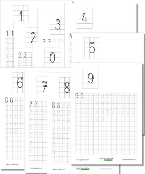 Karty pracy do nauki pisania cyfr 0–9 w powiększonej kratce z ćwiczeniami po śladzie i miejscem do samodzielnego pisania