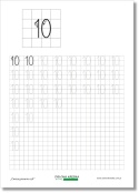 Karta pracy do pisania liczby 10 w powiększonej kratce, z ćwiczeniem po śladzie i przestrzenią na samodzielne pisanie