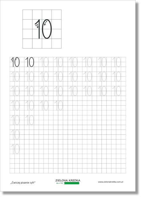 Karta pracy do pisania liczby 10 w powiększonej kratce, z ćwiczeniem po śladzie i przestrzenią na samodzielne pisanie