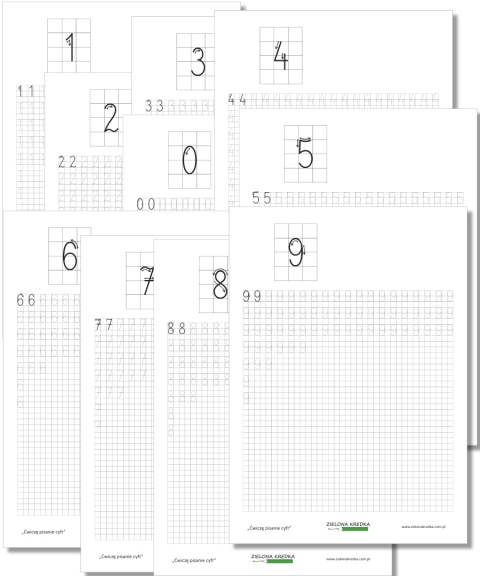 Karty pracy do druku Ćwiczę pisanie cyfr 0–9 pisanie po śladzie