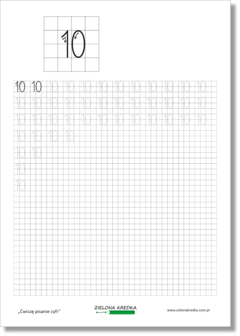 Karta pracy do druku ćwiczenia pisania liczby 10 po śladzie