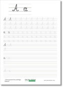 Karta pracy do nauki pisania litery A i a, z ćwiczeniem po śladzie i liniaturą do samodzielnego pisania