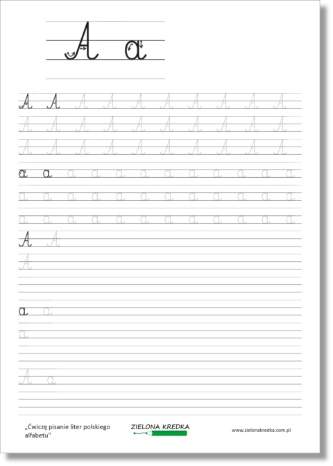 Karta pracy do nauki pisania litery A i a, z ćwiczeniem po śladzie i liniaturą do samodzielnego pisania