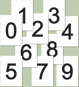 Podgląd 10 stron do druku z cyframi od 0 do 9, czarne cyfry w czcionce Arial, każda na osobnej stronie