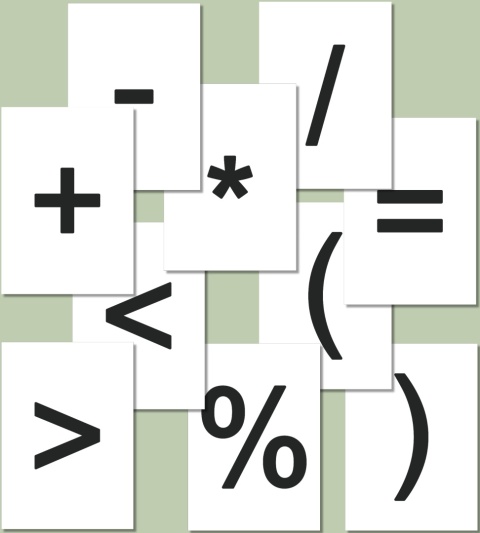 Znaki matematyczne do druku – Arial, czarne znaki + - * / = < > ( ) %, PDF do druku