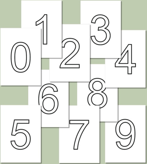 Cyfry do kolorowania – Arial, kontury cyfr 0 1 2 3 4 5 6 7 8 9, PDF do druku