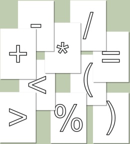 Znaki matematyczne do kolorowania – Arial, kontury znaków + - * / = < > ( ) %, PDF edukacyjny