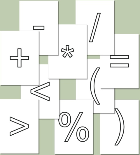 Znaki matematyczne do kolorowania – Arial, kontury znaków + - * / = < > ( ) %, PDF edukacyjny