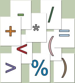 Kolorowe znaki matematyczne do druku – Arial, znaki + - * / = < > ( ) %, w trzech kolorach, PDF