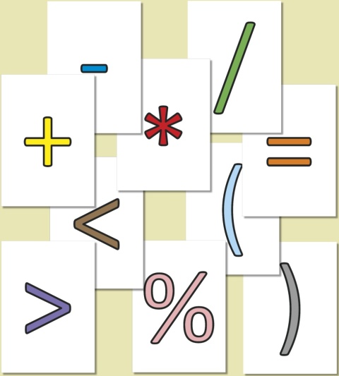 Kolorowe znaki matematyczne w czcionce Calibri – trzy kolory, przykładowe