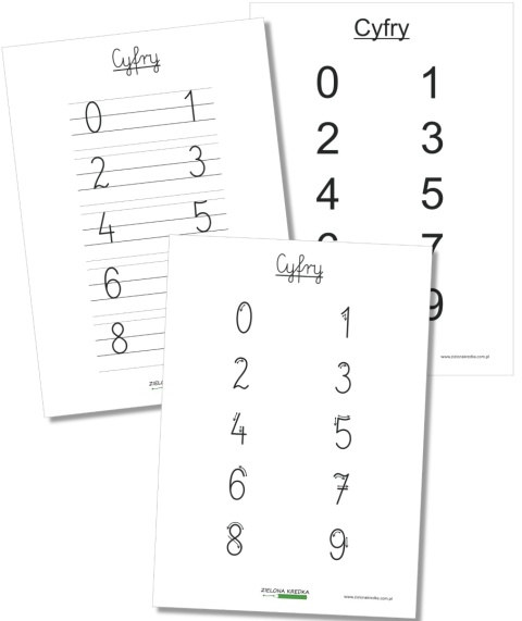 Trzy strony z cyframi: z liniaturą, ze strzałkami pokazującymi kierunek pisania, z cyframi w standardowej czcionce