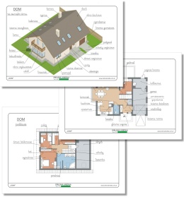 DOM – diagramy z opisami (zewnętrze, parter, poddasze), PDF do druku, czcionka pismo szkolne