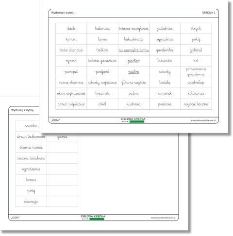 DOM – karteczki z 50 nazwami elementów domu, PDF do druku, czcionka pismo szkolne