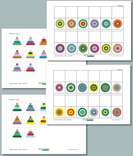 Zestaw stron PDF do ćwiczeń percepcji wzrokowej – widok z góry piramid oraz kolorowe obrazki do wycinania