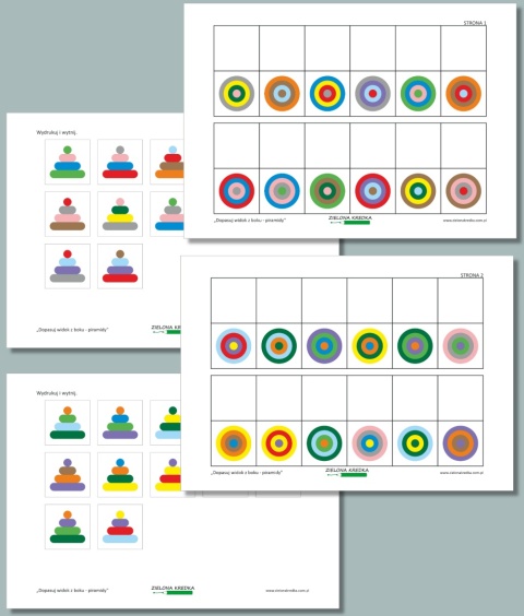 Zestaw stron PDF do ćwiczeń percepcji wzrokowej – widok z góry piramid oraz kolorowe obrazki do wycinania