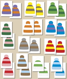 Memory z motywem dwukolorowych czapek – zestaw PDF do druku, 12 par kart dla dzieci