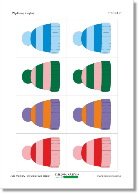 Memory z motywem dwukolorowych czapek – druga strona zestawu PDF do druku
