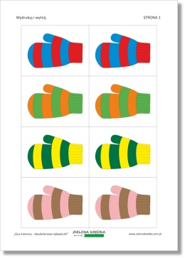 Gra memory do druku – dwukolorowe rękawiczki, strona 1 zestawu PDF
