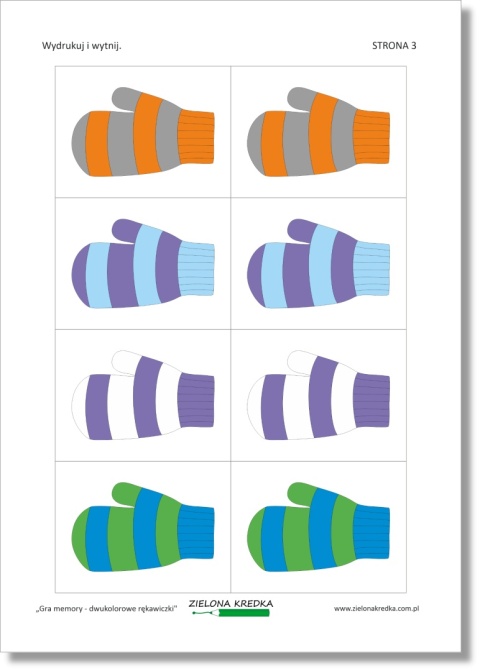 Gra pamięciowa do druku – dwukolorowe rękawiczki, strona 3 zestawu kart memory