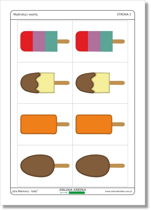 Memory – lody, pierwsza karta PDF do druku z 4 parami