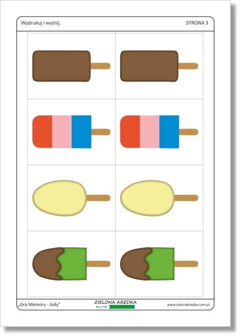 Memory – lody, trzecia karta PDF do druku z 4 parami