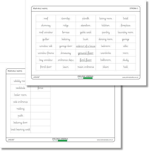 HOUSE – karteczki z angielskimi nazwami elementów domu, PDF do druku, czcionka pismo szkolne