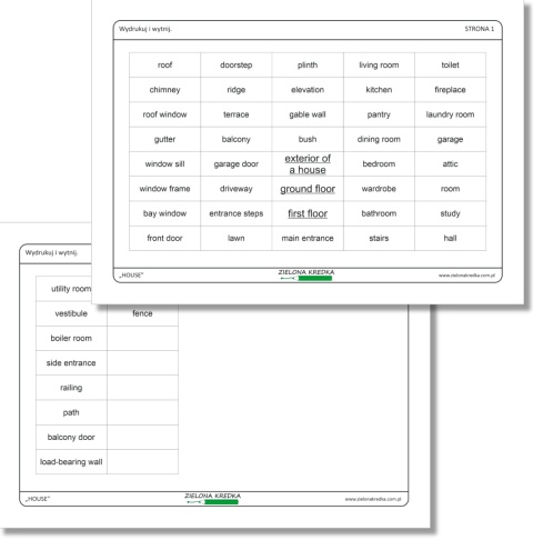 HOUSE – karteczki z angielskimi nazwami elementów domu, PDF do druku, czcionka klasyczna