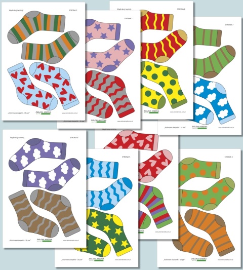 Kolorowe skarpetki – 16 par, osiem stron zestawu PDF z parami skarpetek