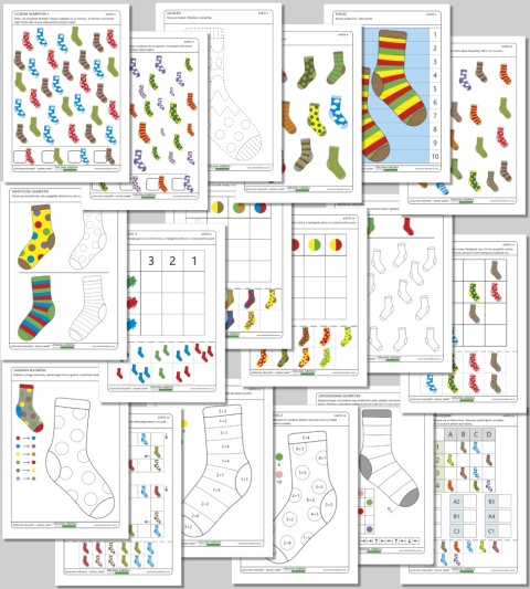 Kolorowe skarpetki – zestaw zadań, 18 kart pracy dla przedszkolaków
