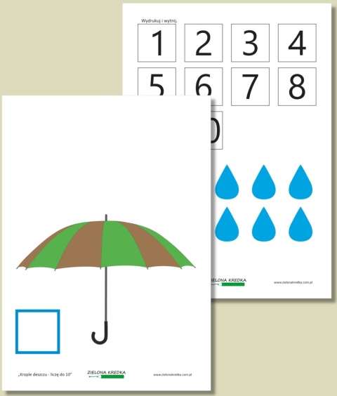 Zestaw edukacyjny do druku Krople deszczu – liczę do 10 z planszą parasola oraz cyframi i kroplami do wycięcia