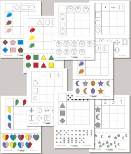 Strony PDF z zestawu Łączenie cech – kształty, karty pracy z układankami logicznymi dla przedszkolaków