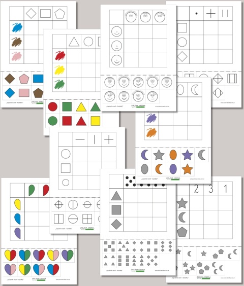 Strony PDF z zestawu Łączenie cech – kształty, karty pracy z układankami logicznymi dla przedszkolaków