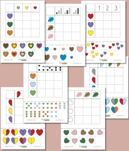 Strony PDF z zestawu Łączenie cech – serca, karty pracy z zadaniami logicznymi dla przedszkolaków