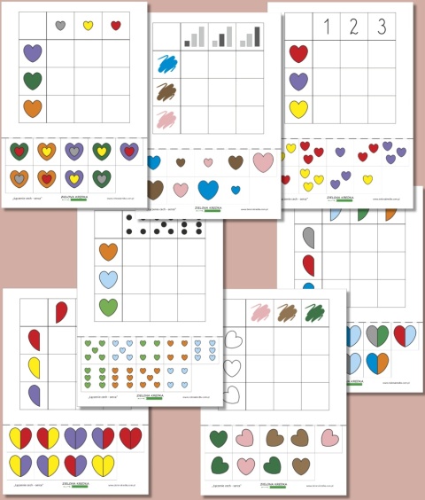 Strony PDF z zestawu Łączenie cech – serca, karty pracy z zadaniami logicznymi dla przedszkolaków