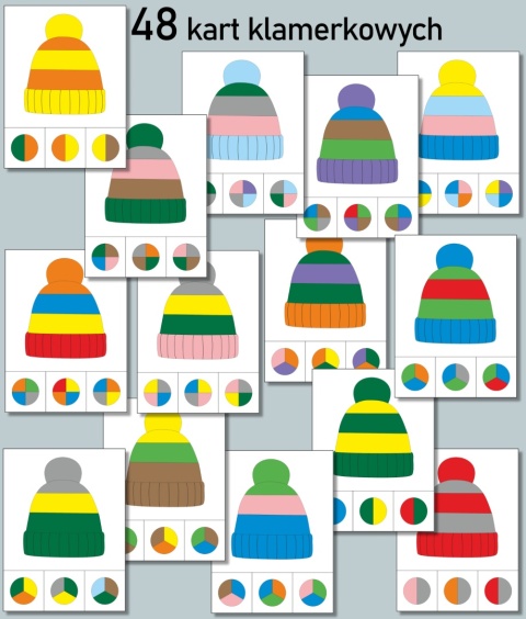 Wycięte karty klamerkowe z kolorowymi czapkami i zestawami kolorów do wyboru