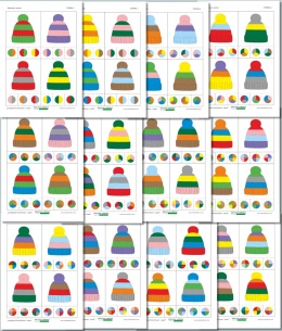 Strony PDF z kartami klamerkowymi – kolorowe czapki i trzy zestawy kolorów na każdej karcie