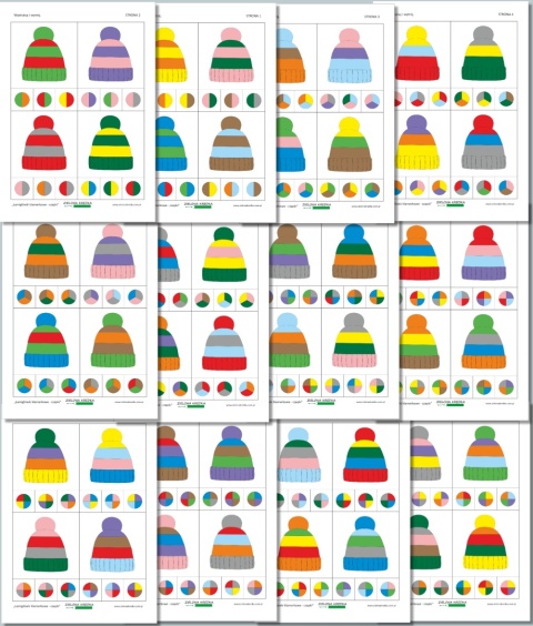 Strony PDF z kartami klamerkowymi – kolorowe czapki i trzy zestawy kolorów na każdej karcie