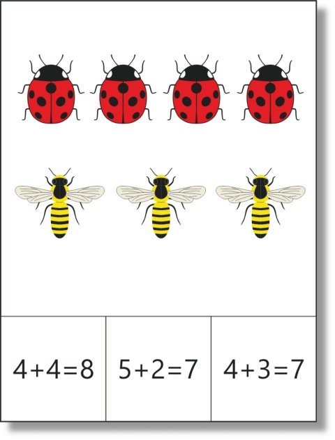 Karta klamerkowa do dodawania w zakresie 1–10 z owadami: biedronkami i pszczołami
