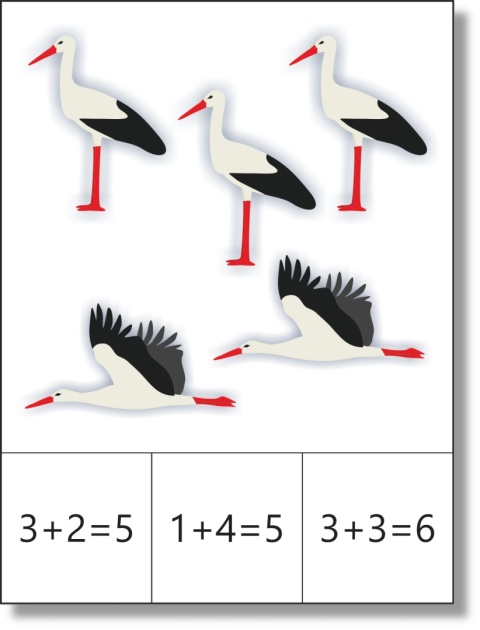 Karta klamerkowa do dodawania w zakresie 1–10 z wiosenną ilustracją bocianów