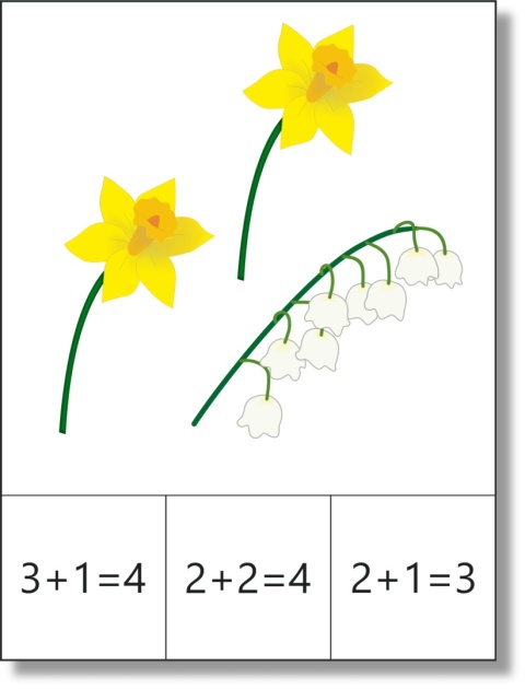 Karta klamerkowa do dodawania w zakresie 1–10 z ilustracją kolorowych kwiatów