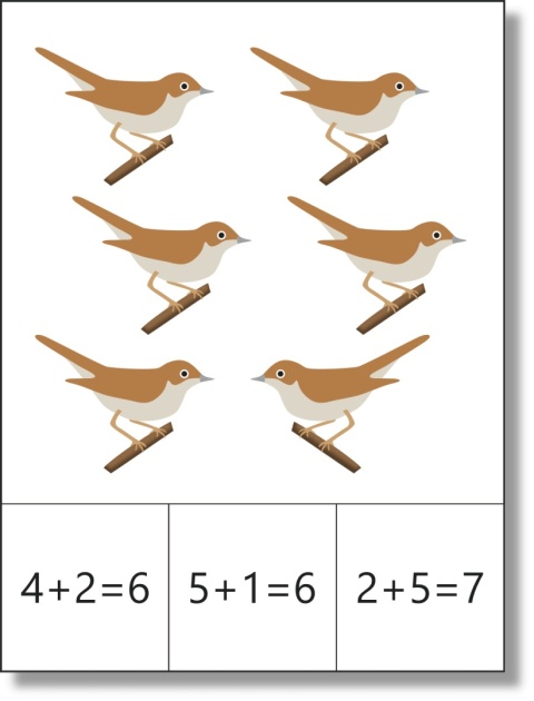 Karta klamerkowa do dodawania w zakresie 1–10 z ilustracją słowików