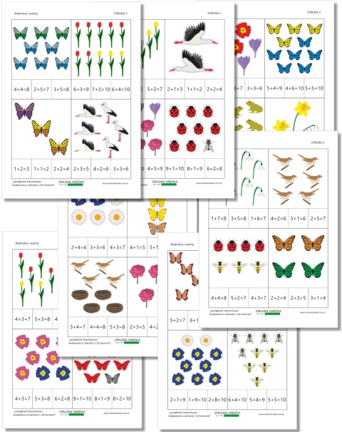 Podgląd siedmiu stron PDF z wiosennymi kartami klamerkowymi do dodawania w zakresie 1–10