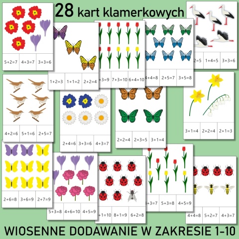 Przykładowe wiosenne karty klamerkowe do dodawania w zakresie 1–10