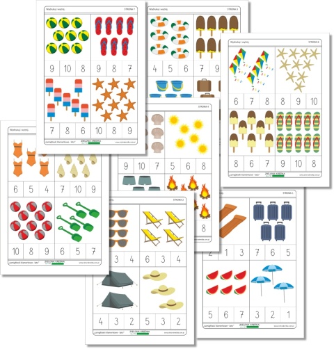 Podgląd 7 stron PDF z kartami klamerkowymi do nauki liczenia dla dzieci, z kolorowymi letnimi ilustracjami na kartach