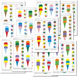 Podgląd wszystkich 12 stron PDF z kartami klamerkowymi do dopasowywania kolorów lodów