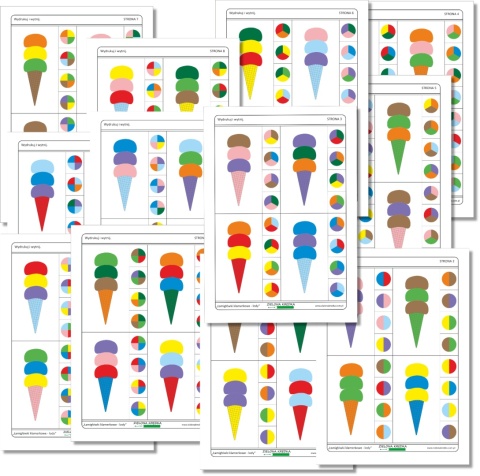 Podgląd wszystkich 12 stron PDF z kartami klamerkowymi do dopasowywania kolorów lodów