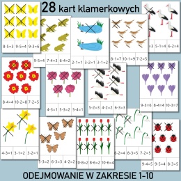 Przykładowe wiosenne karty klamerkowe do odejmowania w zakresie 1–10
